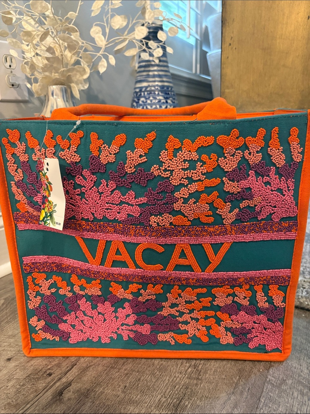 VACAY Embroidered Teal & Orange Canvas Tote~ NWT~ GORGEOUS